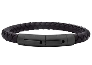 Mens Black Leather Stainless Steel Extendable Bracelet