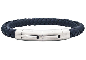 Mens Blue Leather Stainless Steel Extendable Bracelet