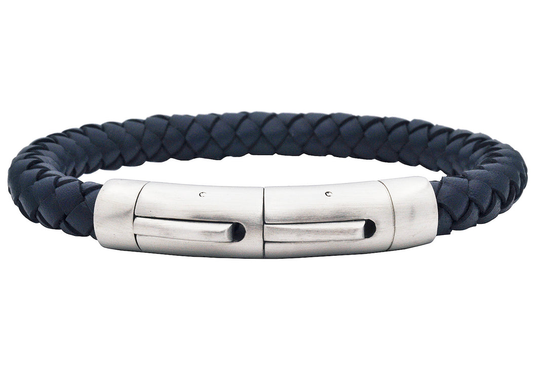 Mens Blue Leather Stainless Steel Extendable Bracelet