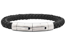 Load image into Gallery viewer, Mens Black Leather Stainless Steel Extendable Bracelet
