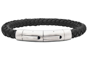 Mens Black Leather Stainless Steel Extendable Bracelet