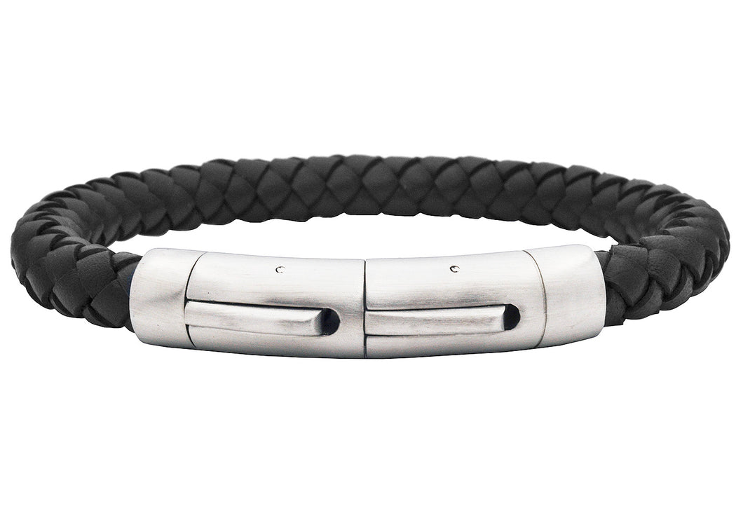 Mens Black Leather Stainless Steel Extendable Bracelet