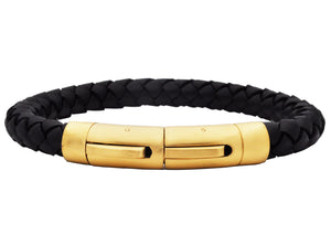 Mens Black Leather Gold Stainless Steel Extendable Bracelet