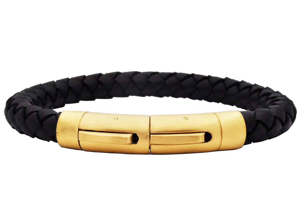 Mens Black Leather Gold Stainless Steel Extendable Bracelet