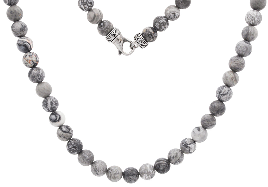 Mens Genuine 8mm Gray Jasper Stainless Steel Beaded Necklace