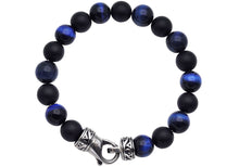 Load image into Gallery viewer, Mens Genuine 10mm Blue Tiger Eye and Onyx Stainless Steel Beaded Bracelet
