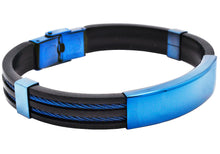 Load image into Gallery viewer, Mens Blue Silicone Black Stainless Steel Wire Bangle ID Bracelet
