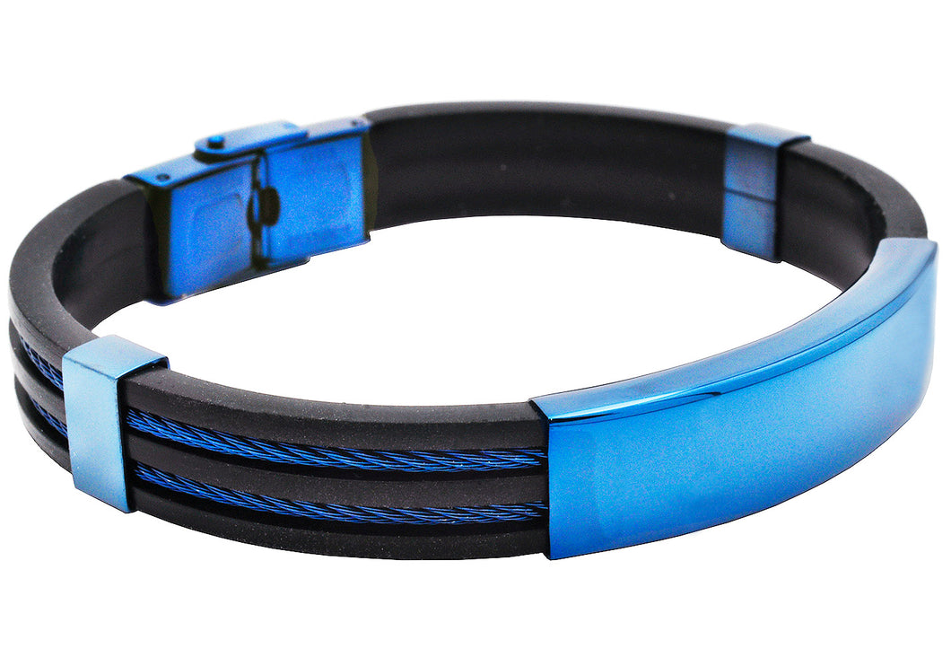 Mens Blue Silicone Black Stainless Steel Wire Bangle ID Bracelet