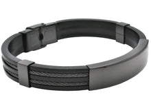 Load image into Gallery viewer, Mens Black Silicone Black Stainless Steel Wire Bangle  ID Bracelet
