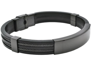 Mens Black Silicone Black Stainless Steel Wire Bangle  ID Bracelet