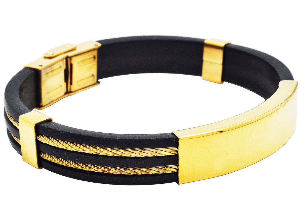 Mens Black Silicone Gold Stainless Steel Wire Bangle  ID Bracelet