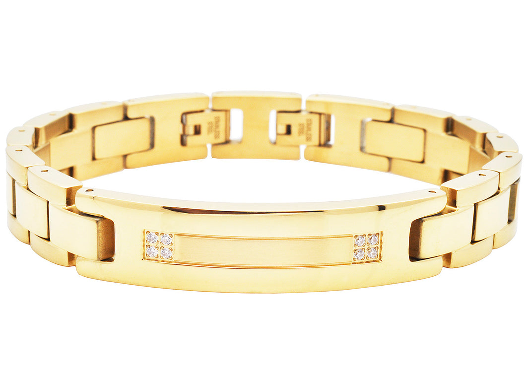 Mens Gold Plated Stainless Steel ID-Engravable Bracelet With Cubic Zirconia