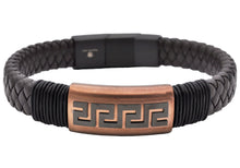 Load image into Gallery viewer, Mens Black Leather Greek Key Chocolate Stainless Steel Bracelet
