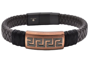 Mens Black Leather Greek Key Chocolate Stainless Steel Bracelet