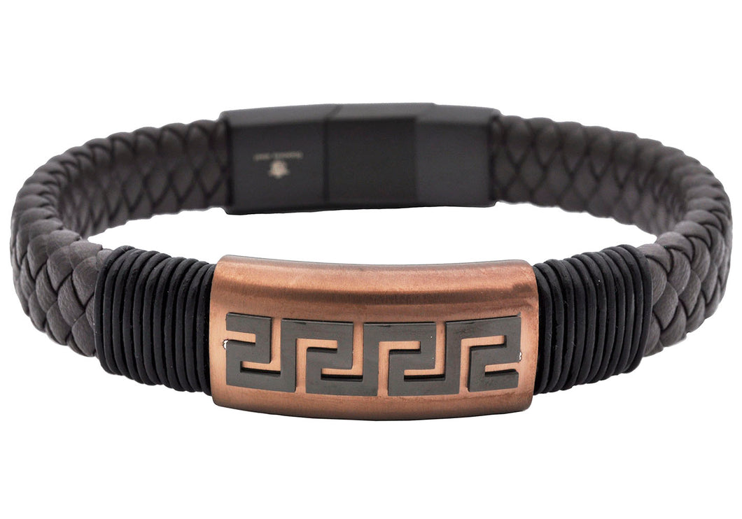 Mens Black Leather Greek Key Chocolate Stainless Steel Bracelet