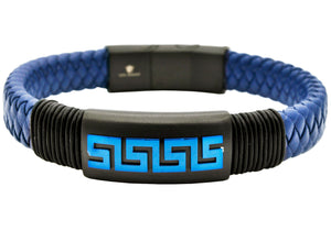 Mens Black Leather Greek Key Blue Stainless Steel Bracelet