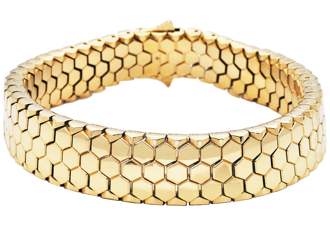 Mens Honey Comb Texture Gold Plated Stainless Steel Bracelet