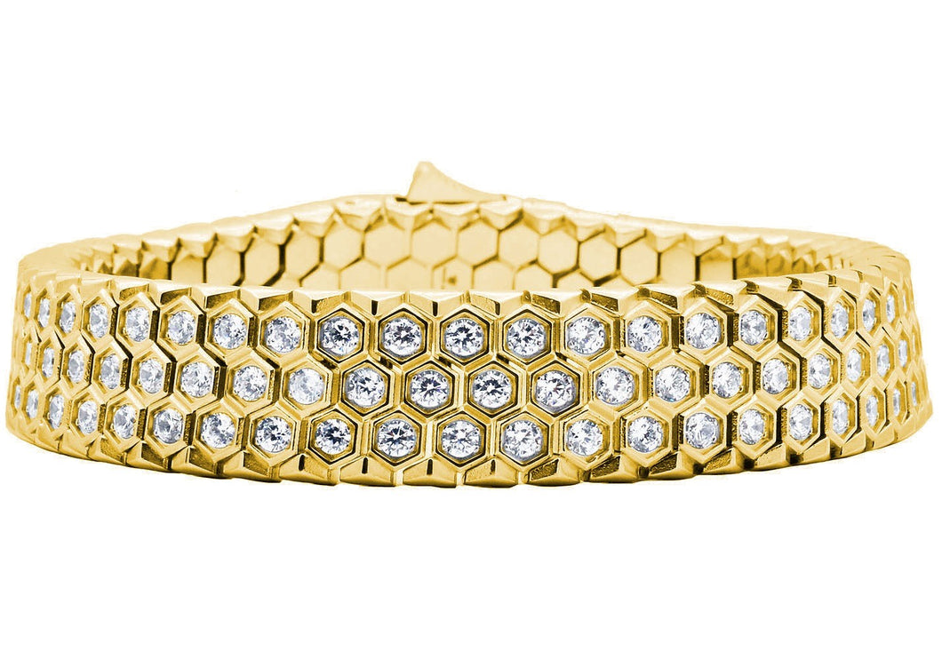 Mens Honey Comb Texture Gold Plated Stainless Steel Bracelet with Cubic Zirconia