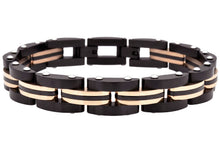 Load image into Gallery viewer, Mens Two Toned Striped Black and Rose Stainless Steel Bracelet
