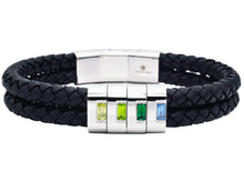 Load image into Gallery viewer, Men&#39;s Double Strand Black Leather Stainless Steel Bracelet With Green Cubic Zirconia
