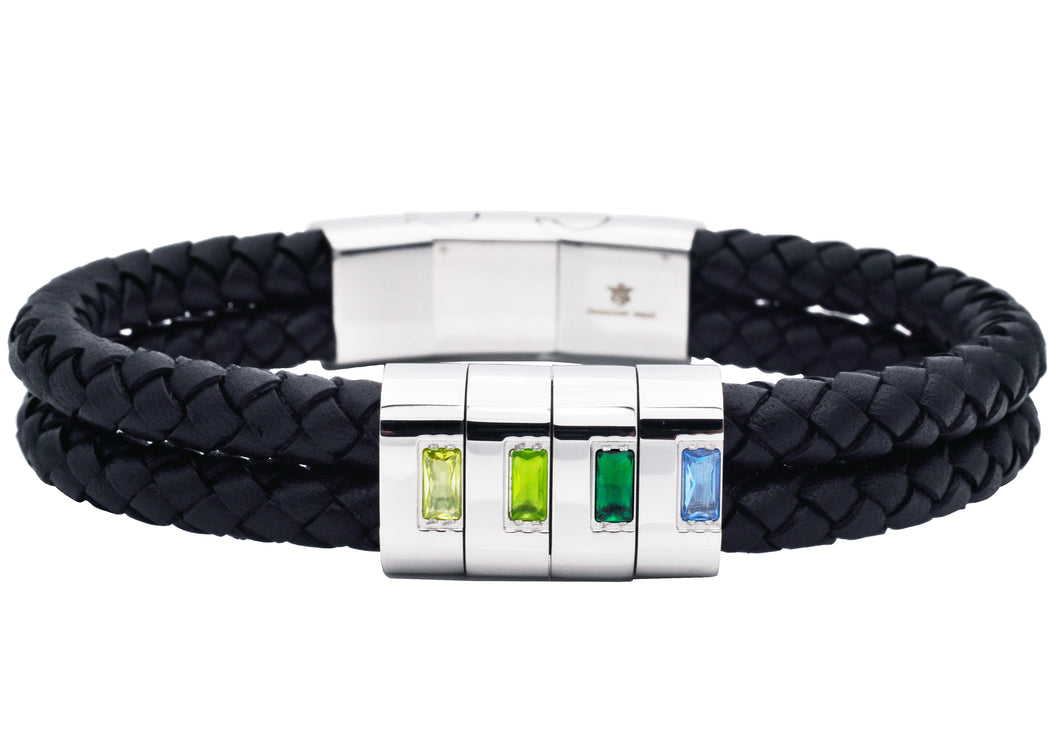 Men's Double Strand Black Leather Stainless Steel Bracelet With Green Cubic Zirconia