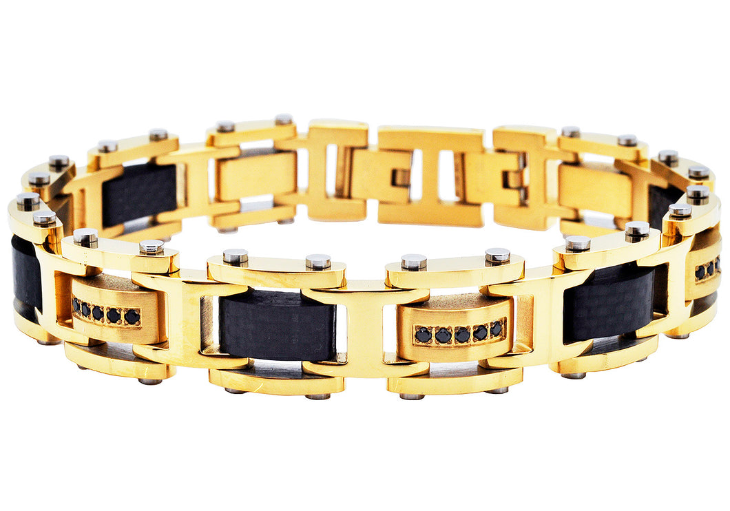 Mens Gold Stainless Steel Bracelet With Black Carbon Fiber And Cubic Zirconia
