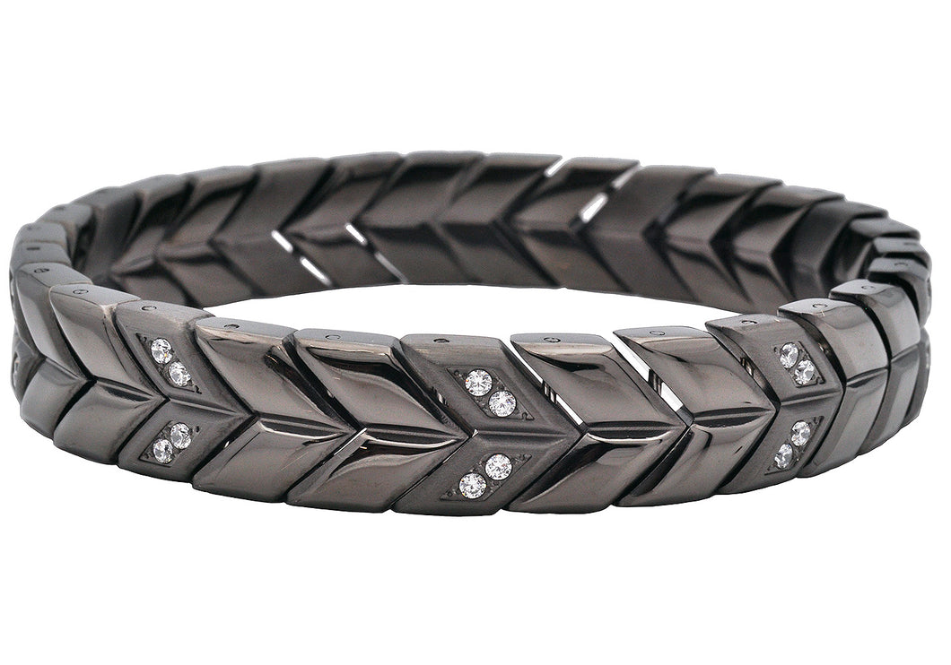 Mens 12mm Chevron Woven Black Stainless Steel Bracelet With Cubic Zirconia