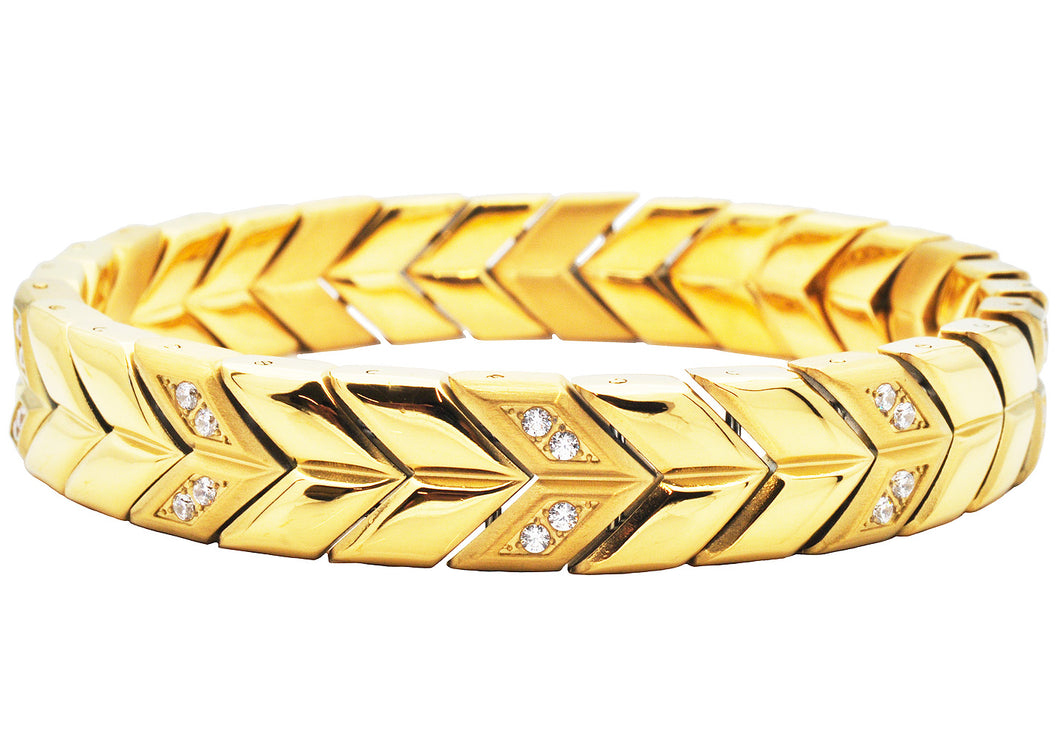 Men's 12mm Gold Plated Chevron Woven Stainless Steel Bracelet With Cubic Zirconia