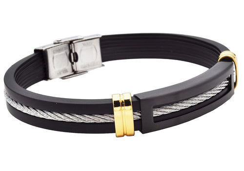 Mens Black Silicone Black and Gold Plated Stainless Steel Wire Bangle Bracelet