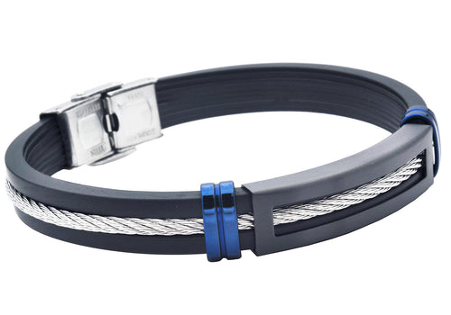 Mens Black Silicone Black and Blue Stainless Steel Wire Bangle Bracelet