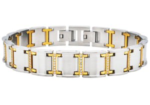 Mens Two-tone Gold Plated Stainless Steel Bracelet with Cubic Zirconia