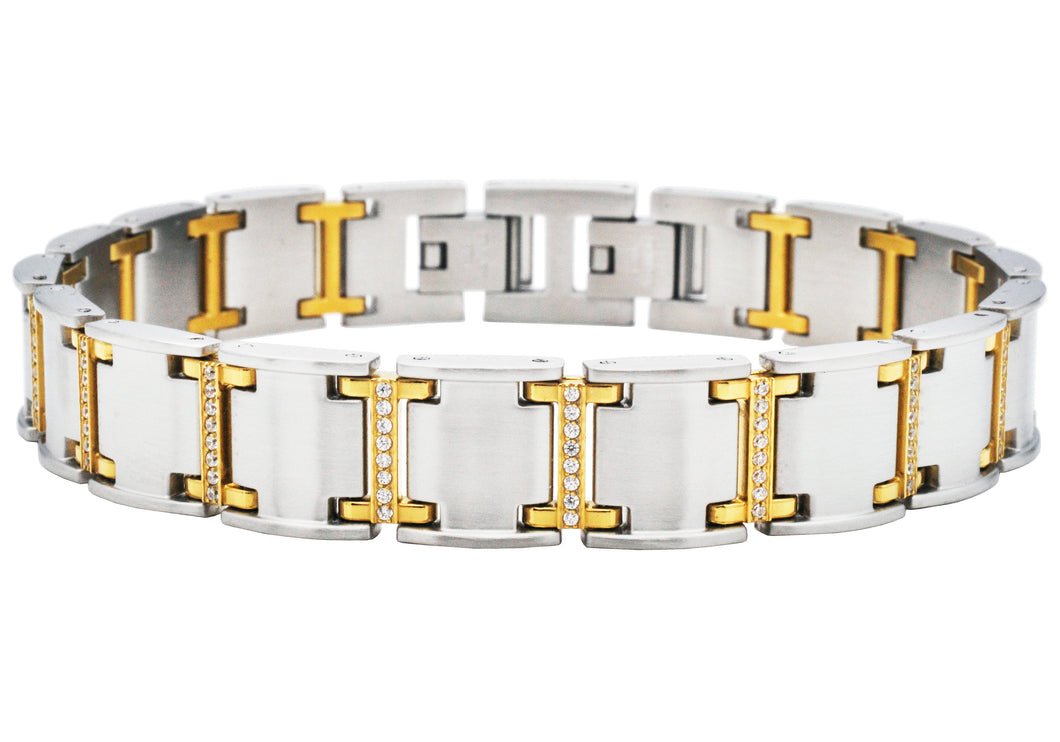 Mens Two-tone Gold Plated Stainless Steel Bracelet with Cubic Zirconia