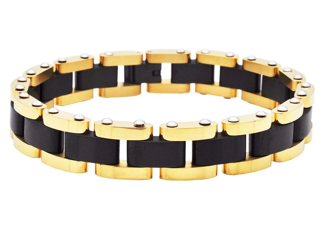 Mens Two-tone Gold Plated and Black Stainless Steel Bracelet