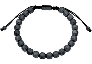 Mens 7mm Black Plated Stainless Steel Bead Drawstring Bracelet