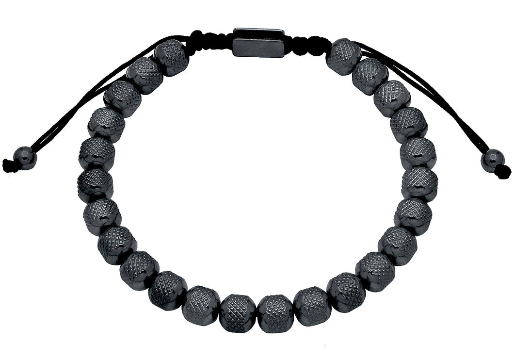 Mens 7mm Black Plated Stainless Steel Bead Drawstring Bracelet