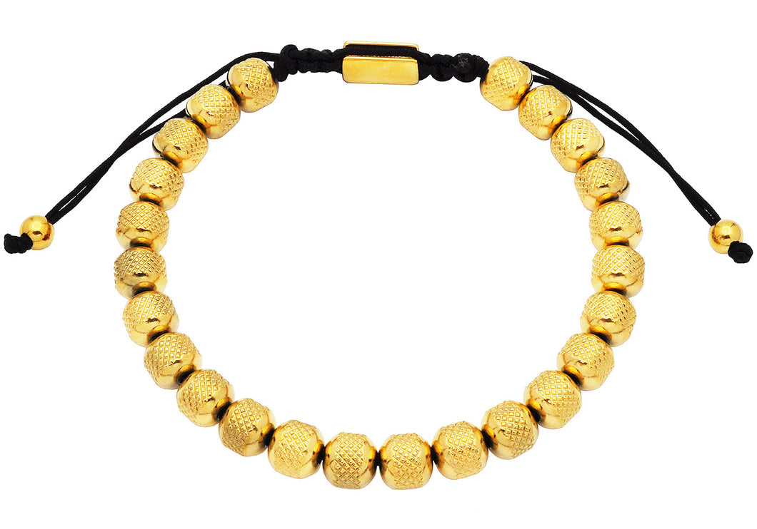 Mens 7mm Gold Plated Stainless Steel Bead Drawstring Bracelet