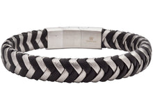 Load image into Gallery viewer, Men&#39;s 2-Tone Black and White Herringbone Stainless Steel Leather Bracelet
