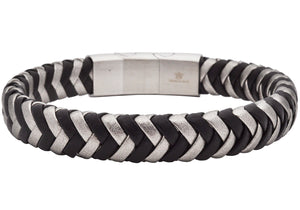 Men's 2-Tone Black and White Herringbone Stainless Steel Leather Bracelet