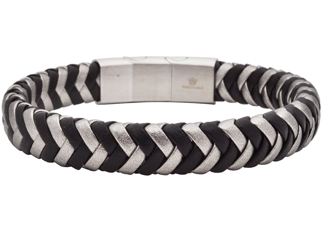 Men's 2-Tone Black and White Herringbone Stainless Steel Leather Bracelet