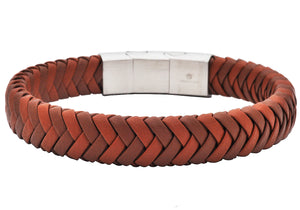 Men's 2-Tone Brown Herringbone Stainless Steel Leather Bracelet