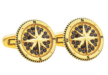 Load image into Gallery viewer, Mens Gold Plated Stainless Steel Compass Cuff Links with Black Cubic Zirconia
