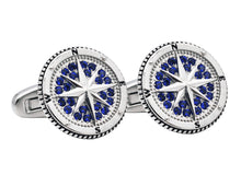 Load image into Gallery viewer, Mens Stainless Steel Compass Cuff Links with Blue Cubic Zirconia
