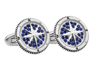 Mens Stainless Steel Compass Cuff Links with Blue Cubic Zirconia