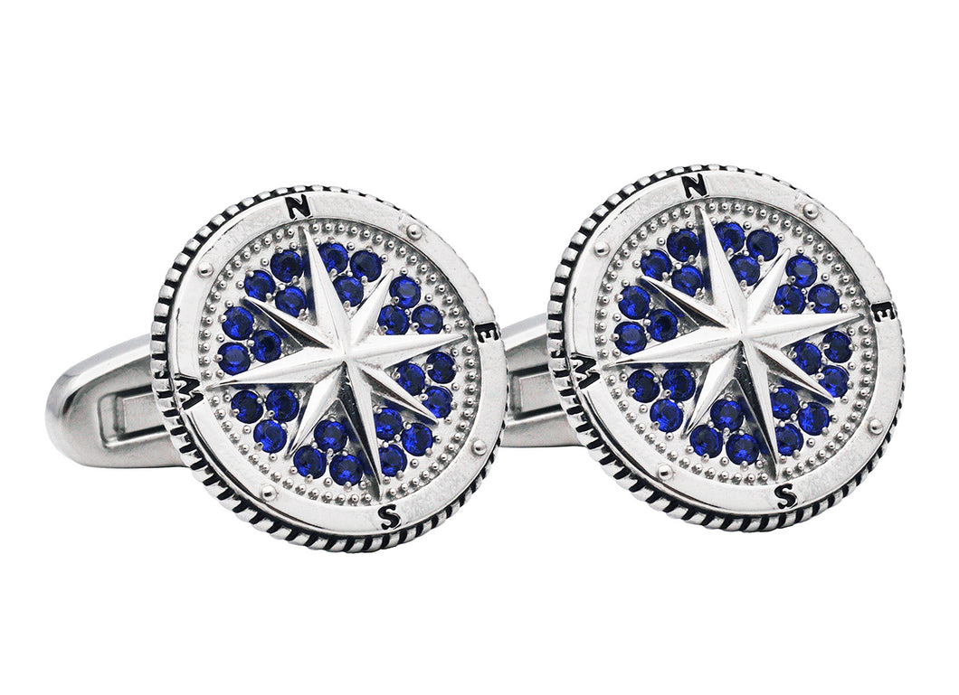Mens Stainless Steel Compass Cuff Links with Blue Cubic Zirconia