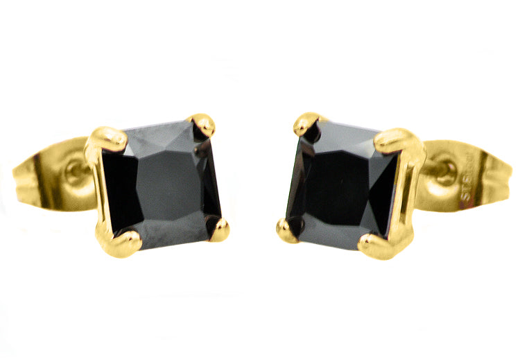 Mens 7mm Gold Plated Black Cubic Zirconia Gold Stainless Steel Square Stud Earrings