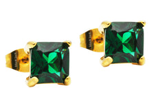 Load image into Gallery viewer, Mens 7mm Gold Plated Green Cubic Zirconia Gold Stainless Steel Square Stud Earrings
