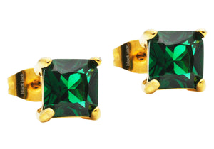 Mens 7mm Gold Plated Green Cubic Zirconia Gold Stainless Steel Square Stud Earrings