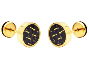 Mens 9mm Gold Plated Stainless Steel Earrings With Gold Carbon Fiber