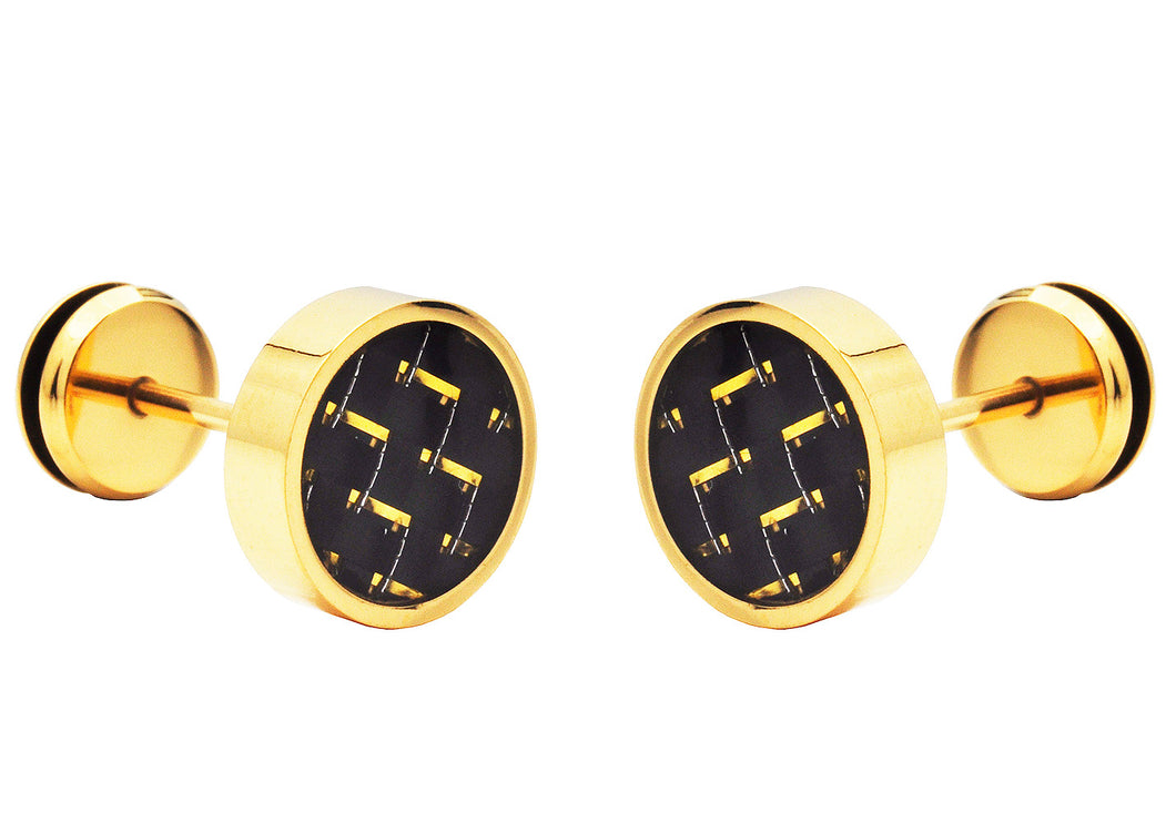 Mens 9mm Gold Plated Stainless Steel Earrings With Gold Carbon Fiber