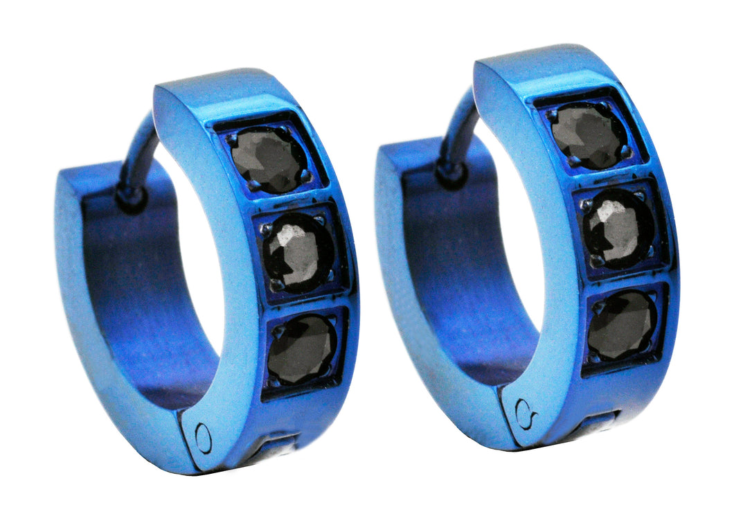 Mens 14mm Blue Plated Stainless Steel Hoop Earrings With Black Cubic Zirconia